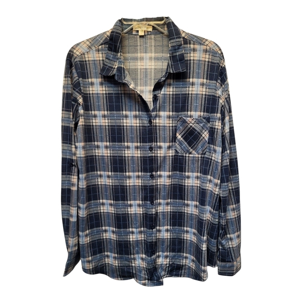 Paper + Tee Blue and White Casual Plaid Button Down Shirt - Size L